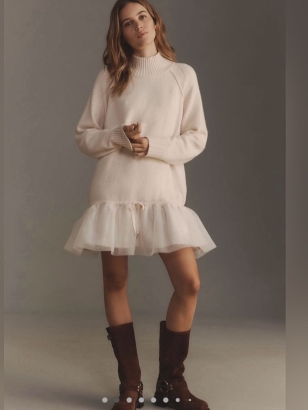 By Anthropologie Long-Sleeve Turtleneck Tulle Twofer Mini Dress Size S.